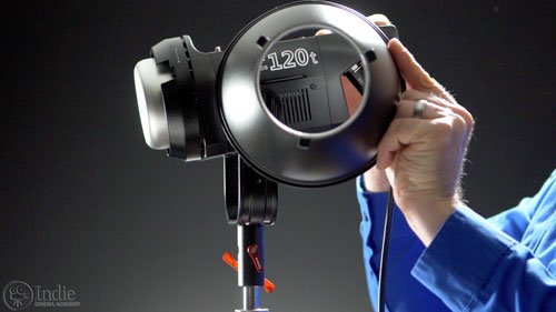 The reflector on the Aputure COB 120t mounts with a Bowens-S mount